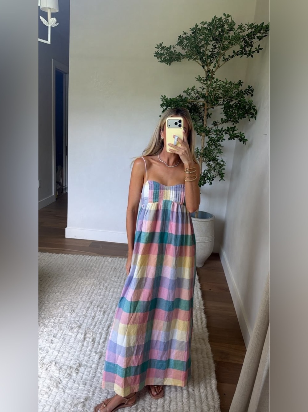 Anthropologie Maeve Tie Linen Back Maxi Plaid Dress Pastel Small